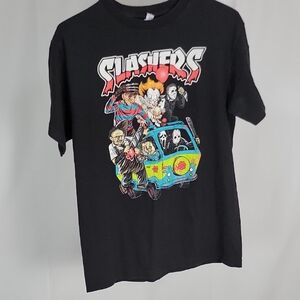 Black Graphic T-Shirt with Horror Characters